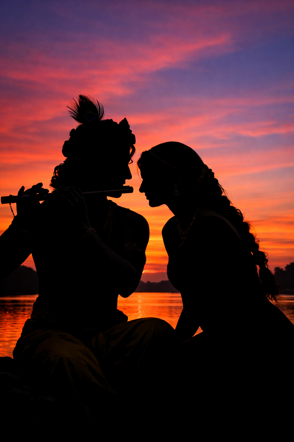 Radha and Krishna silhouettes against spectacular sunset sky with river reflection below